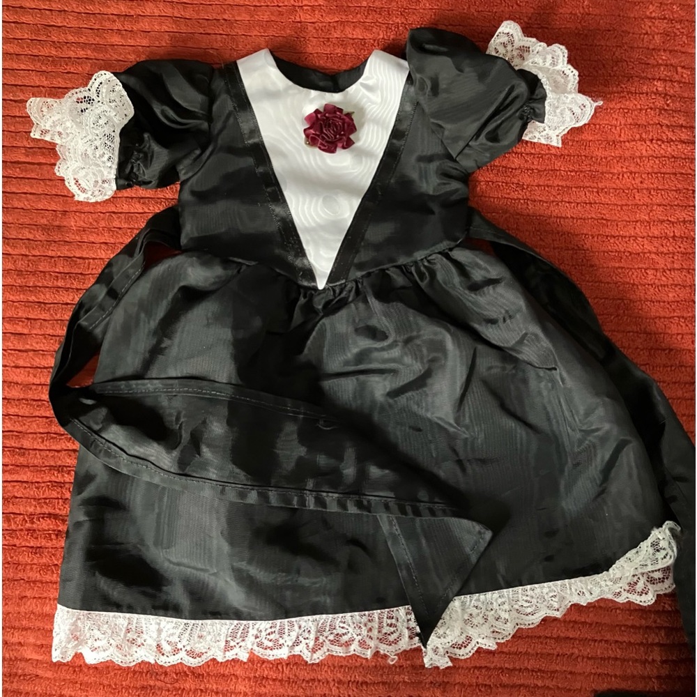 American girl doll custom made B/W taffeta gown adorned with lace and flowers